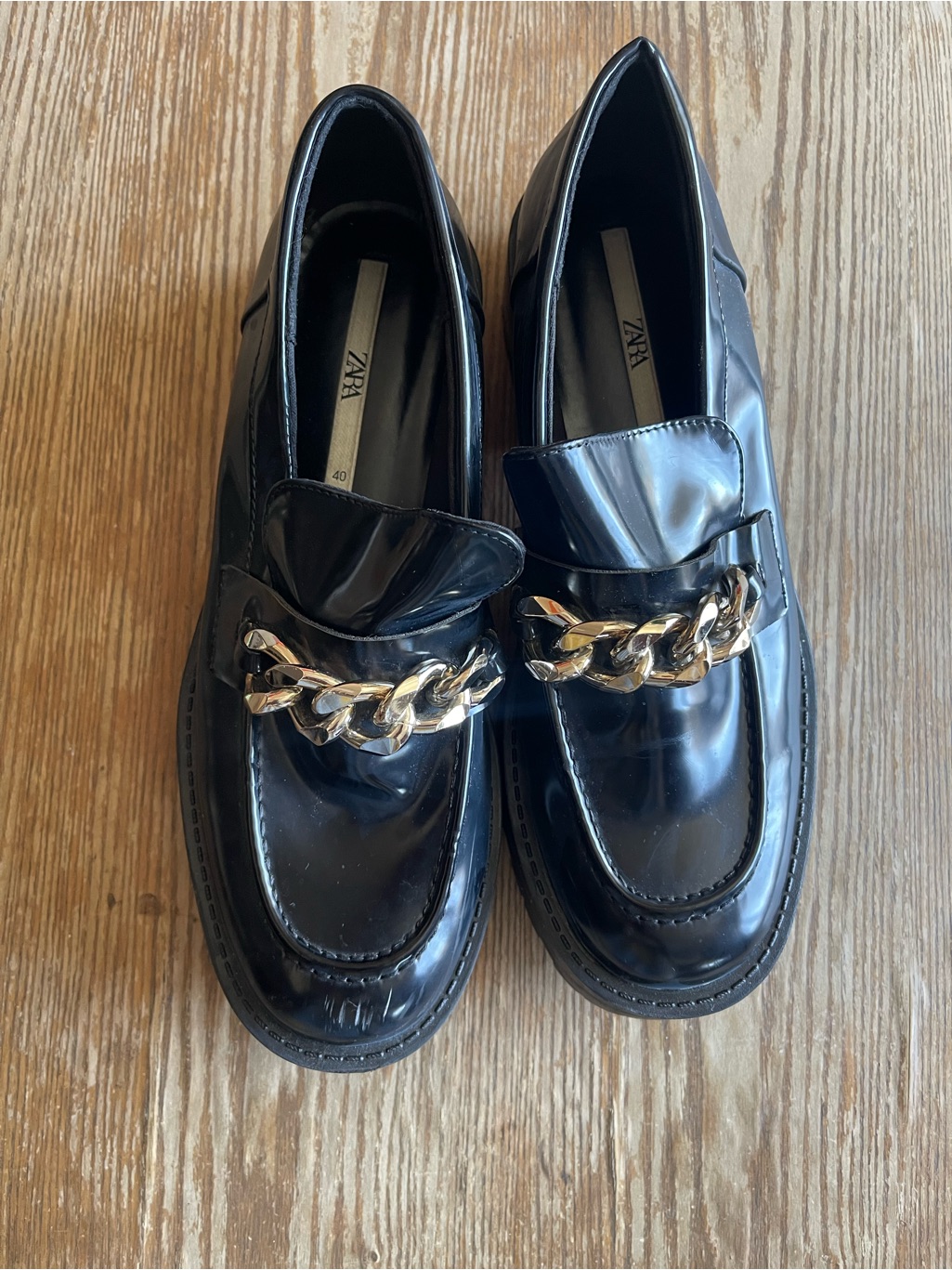 Zara Black Patent Leather Loafers With Gold Chain